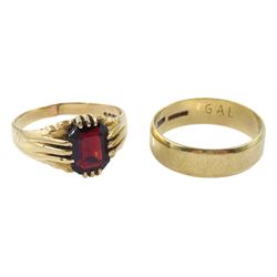 Gold single stone garnet ring and a gold wedding band, both hallmarked 9ct