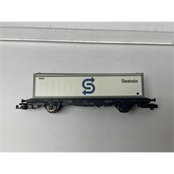 Fleischmann ‘N’ gauge ‘Piccolo’ - sixteen carriages, wagons and cars comprising nos. 8051, 8052, 8055, 8064, 8119K, 8127, 8128, 8129, 8202, 8211, 8224, 8240, 8281, 8301, 8500, 9372; along with Minitrix N503 Shock Van and 13576 6 ton Mineral Wagon; boxed and loose (18) 