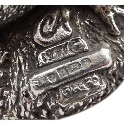 Collection of silver miniatures including a WWI fighter aeroplane the underside of the body engraved 'Bristol' by Italian Medusa Oro 925, gramophone, spinning wheel by S M C, London import marks 1982, sewing machine and chair, all stamped 925 or hallmarked and a silver filled otter by Country Artists