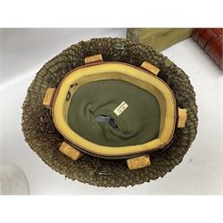 1970s British turtle style steel helmet with liner, green cover and netting; liner marked C.W.L. 1972 No.8415-99-973-6750; size 6 3/4 - 6 7/8; WWII respirator dated 1941 in canvas carrying case; and a Native long-shafted spear with iron head and bound plain round haft L165cm (3)