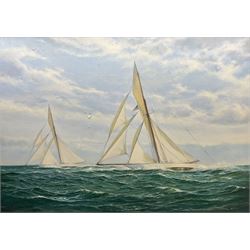 Brian Mays (British 1938-2005): 'Defender Defeats Valkyrie III 1895', oil on canvas signed, titled verso 74cm x 94cm 
Provenance: direct from the family of the artist.