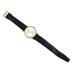 Le Cheminant Incabloc 9ct gold gentleman's manual wind wristwatch, silvered dial with subsidiary seconds dial, stamped 9.375, on original black leather strap