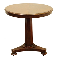  William IV mahogany tea table, circular moulded tilt top on tapering octagonal column support, the trefoil base with bun feet, brass sockets and wooden castors,  D74cm, H71cm  (MAO1103)  