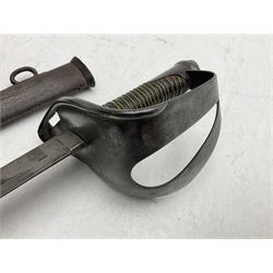 19th century Imperial German army heavy cavalry officers sword by Schnitzler and Kirschbaum, with 89cm single fullered steel blade and sheet steel basket hilt with teardrop cut-out and wire-bound leather grip L107.5cm overall; in steel scabbard with two suspension rings; and British Army 1822 Pattern Infantry Officer's sword in associated scabbard (2)