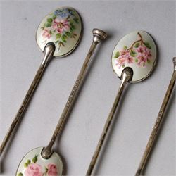 Set of six enamel coffee spoons, each decorated with guilloche enamel flowers to the underside of the bowls,  hallmarked Walker & Hall, Birmingham 1951, in fitted case