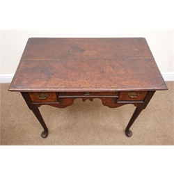  Late 18th century oak low boy, moulded top above three crossbanded drawers with shaped frieze, on turned supports with pad feet, W85cm, D48cm, H68cm  