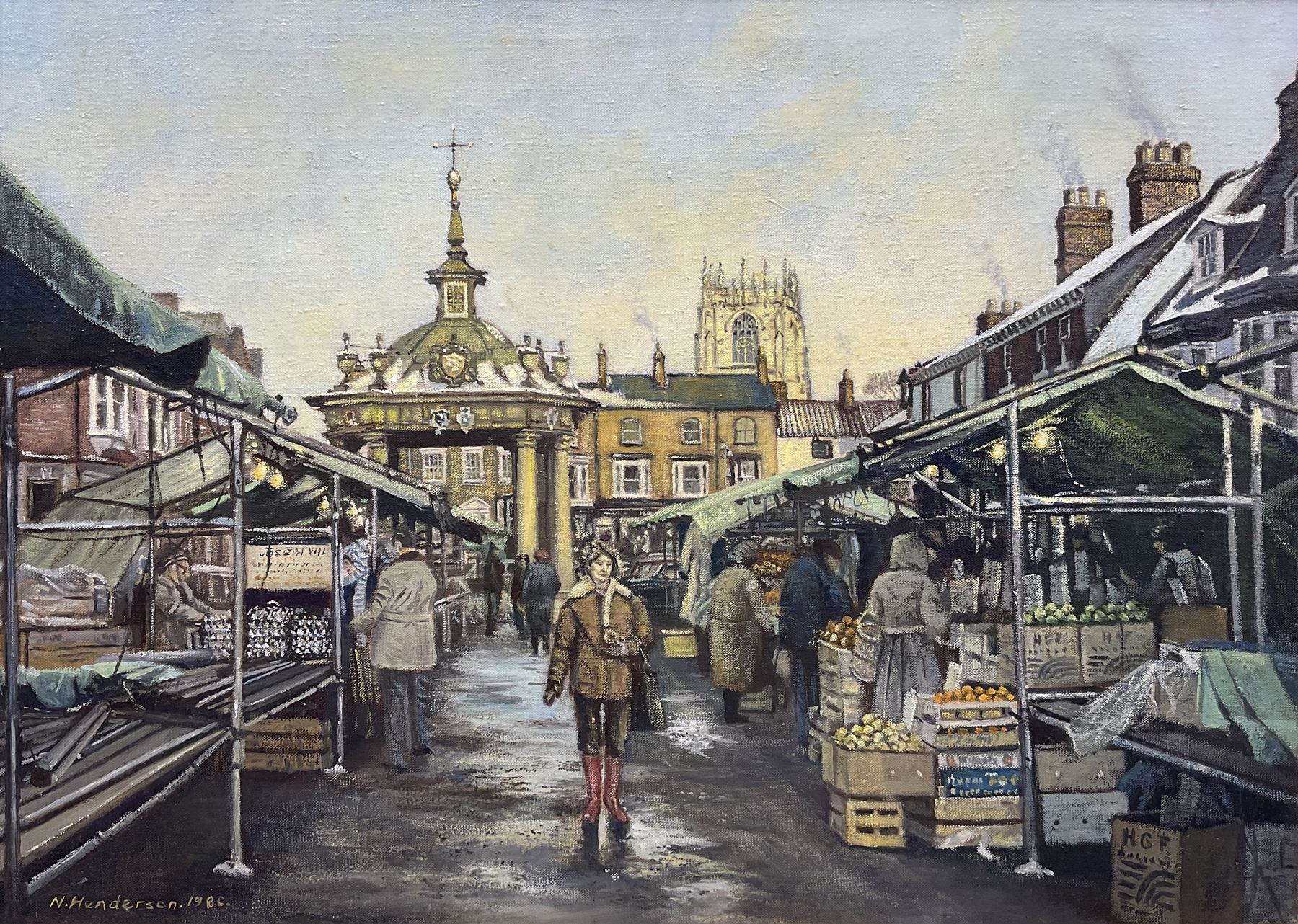 Neville Henderson (Irish ?-2020): 'Beverley Market', oil on canvas signed and dated 1980, titled verso 40cm x 56cm