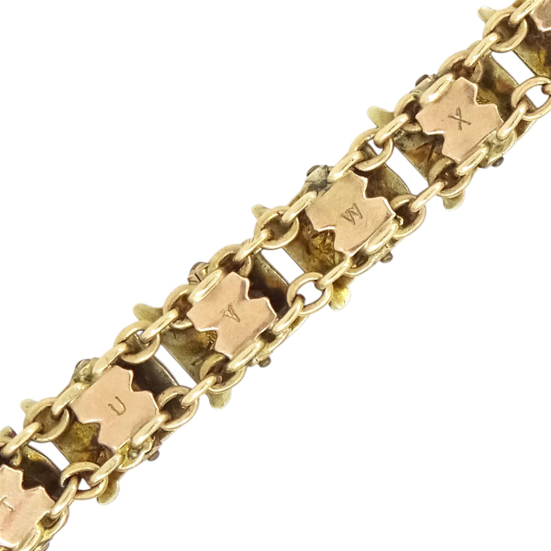 Early 20th century rose gold enamel flag bracelet, with engraved alphabet to underside of bracelet, stamped 9ct