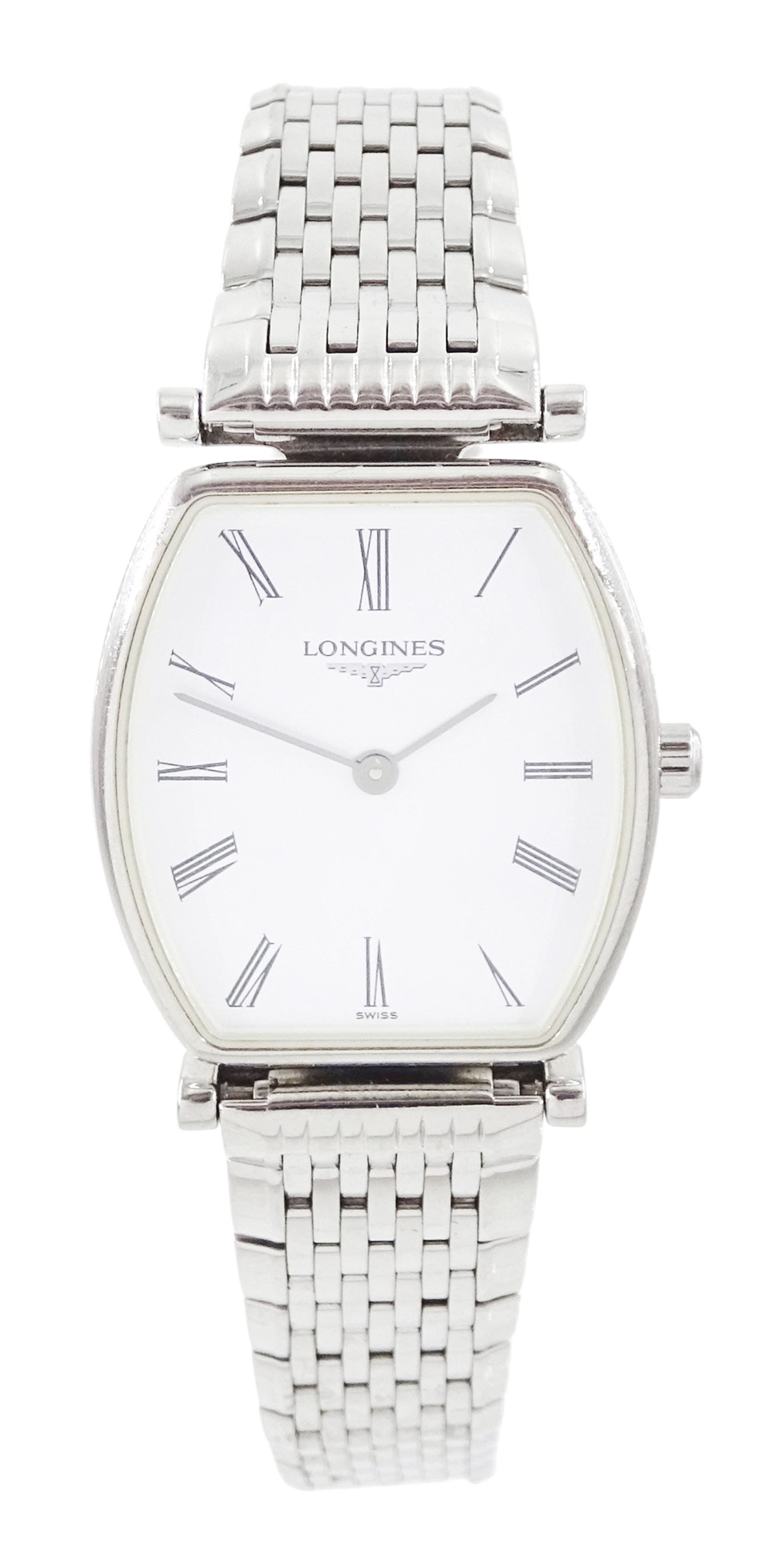 Longines La Grande Classique ladies stainless steel quartz wristwatch, Ref. L4 205 4, white dial with Roman numeral hour markers, on stainless steel bracelet, with fold-over clasp, boxed with guarantee card dated 2014