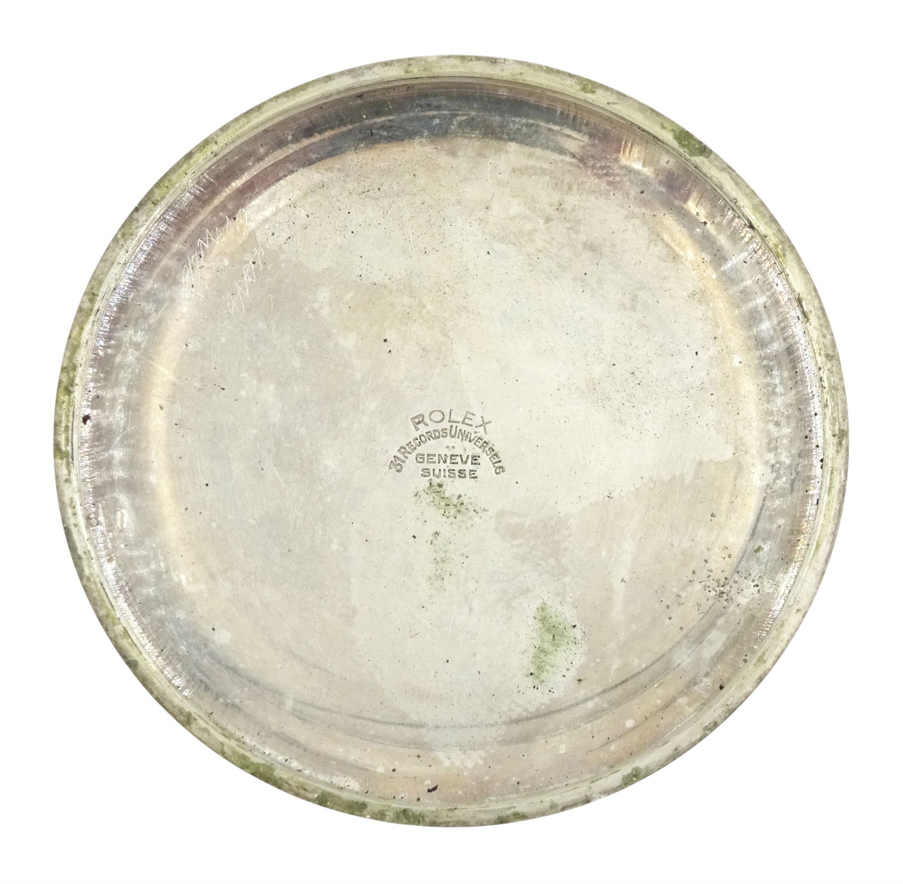 Rolex WWII military issue nickle plated, open face keyless lever pocket watch, Cal. 540, black dial with Arabic hour markers and subsidiary seconds dial marked A.12059, screw back case with broad arrow and markings A.10760 G.S.MKII