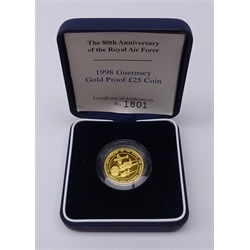  Queen Elizabeth II 1998 Guernsey gold proof twenty-five pound coin, cased with certificate  