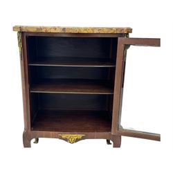 Early 20th century French style vitrine, with shaped breccia marble top above a single glazed door enclosing three shelves, the serpentine front and canted corners with kingwood and rosewood veneers, mounted with gilt metal ormolu mounts and sabots, raised on slender cabriole legs