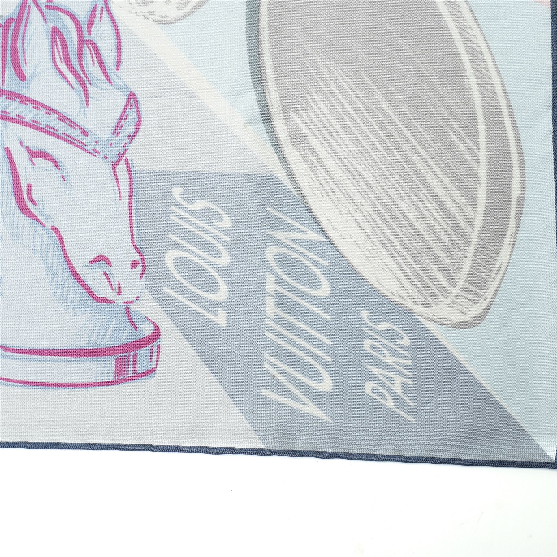 Louis Vuitton silk carré scarf, the multicolour design featuring stylised chess pieces and Parisian monument motifs over a Damier ground, with tonal LV monogram to the centre, signed Louis Vuitton Paris, 89cm x 89cm