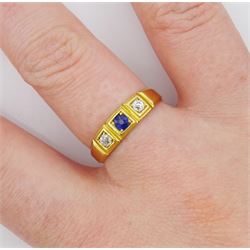 Victorian 18ct gold three stone old cut diamond and oval cut sapphire ring, London 1891