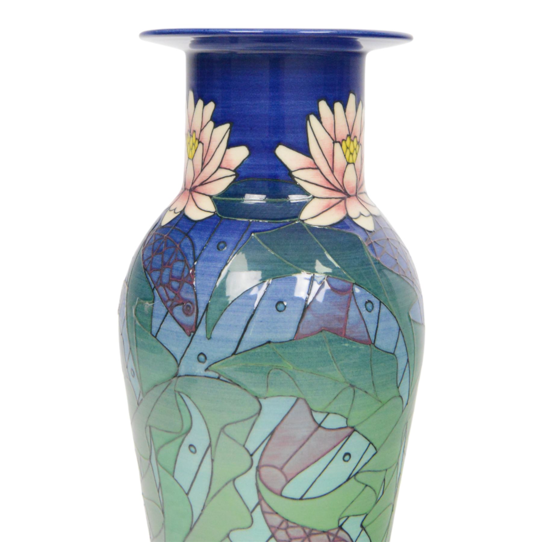 Dennis Chinaworks, Seaweed, sample vase, dated 2004, baluster form with flared rim, decorated with lilies with seaweed and fish upon a blue green ground, painted and stamped marks beneath, H35cm 