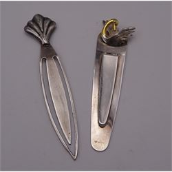 Group of silver flatware, to include Victorian christening set comprising knife, fork and spoon with silver handles, blade, prongs, and bowl, hallmarked Martin, Hall & Co, Sheffield 1868, William IV Fiddle pattern dessert fork, hallmarked William Eaton, London 1834, two Victorian teaspoons, 1920's teaspoons, and three Continental graduated spoons and set of matching sugar tongs with rose and vine detail, stamped 825, etc., together with a a small modern silver pendant modelled in the form of a heart, hallmarked Penhaligon's, Birmingham 1991, and two modern silver page markers, each stamped 925, one example worn import mark, approximate total weight 8.61 ozt (267.8 grams)