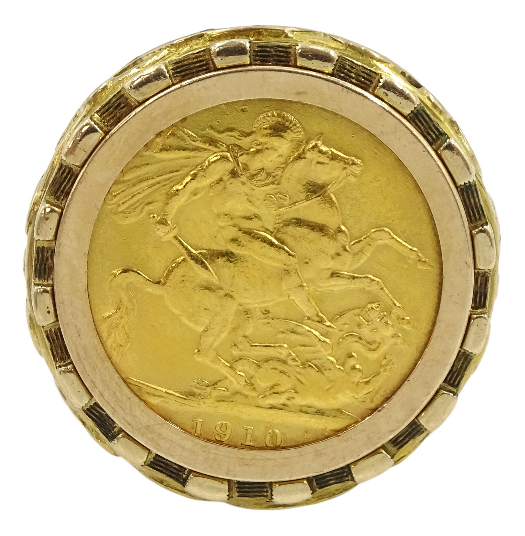 King Edward VII 1910 gold full sovereign, loose mounted in 9ct gold ring, hallmarked