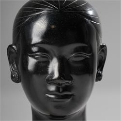 Manner of Nguyen Thanh Le (Vietnamese 1919-2006): Head of a Woman, bronze bust with indistinct character signature to neck, on ebonised base, H27cm 