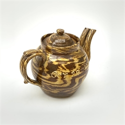 Edwardian slipware double spouted teapot, inscribed to body Mary E. Thompson Oct 29 1903, H19cm  