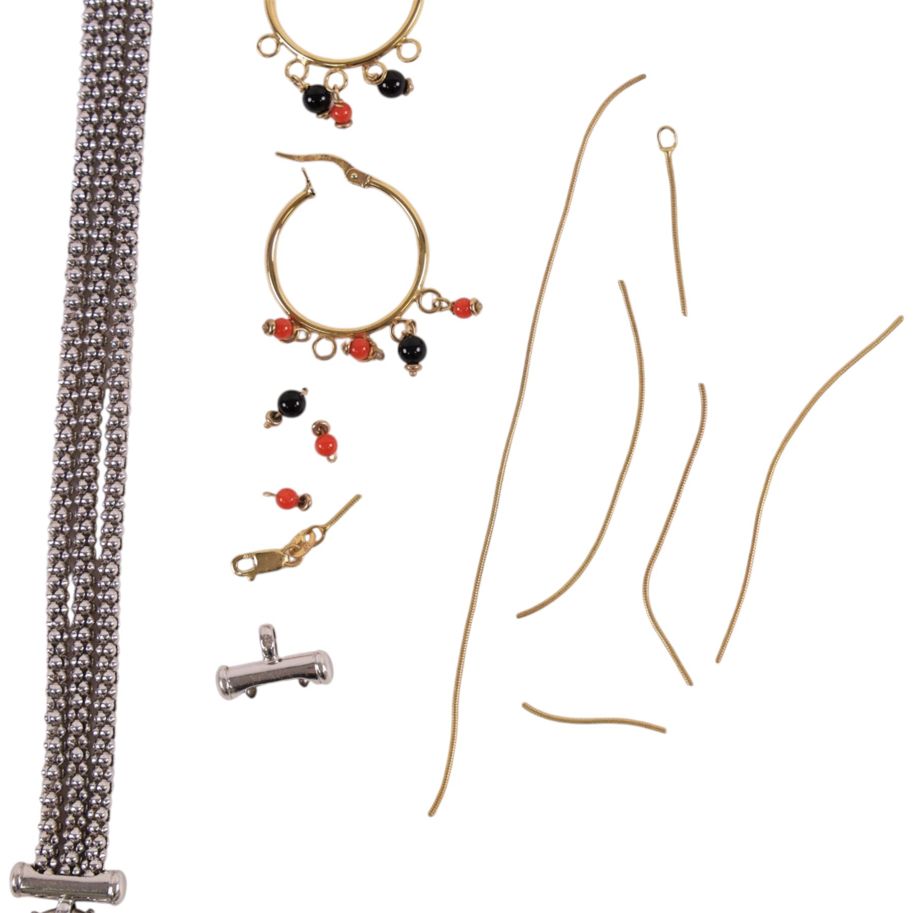 9ct gold jewellery, comprising white gold bracelet, beaded hoop earrings and pieces of chain