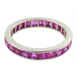 Platinum channel set, calibre cut ruby full eternity ring  