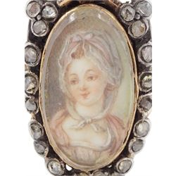 18th / 19th century silver and gold diamond and sapphire portrait ring, set with an oval miniature of a woman wearing a bonnet on ivory, under a glazed panel, surmounted with a 'trophy of love' symbol, modelled as a flaming torch and bow and quiver, set with a single round cut sapphire and rose cut diamond surround, to trifurcated shoulders, on French 18ct gold shank, Eagle hallmark. This lot has been registered for sale under Section 10 of the APHA Ivory Act