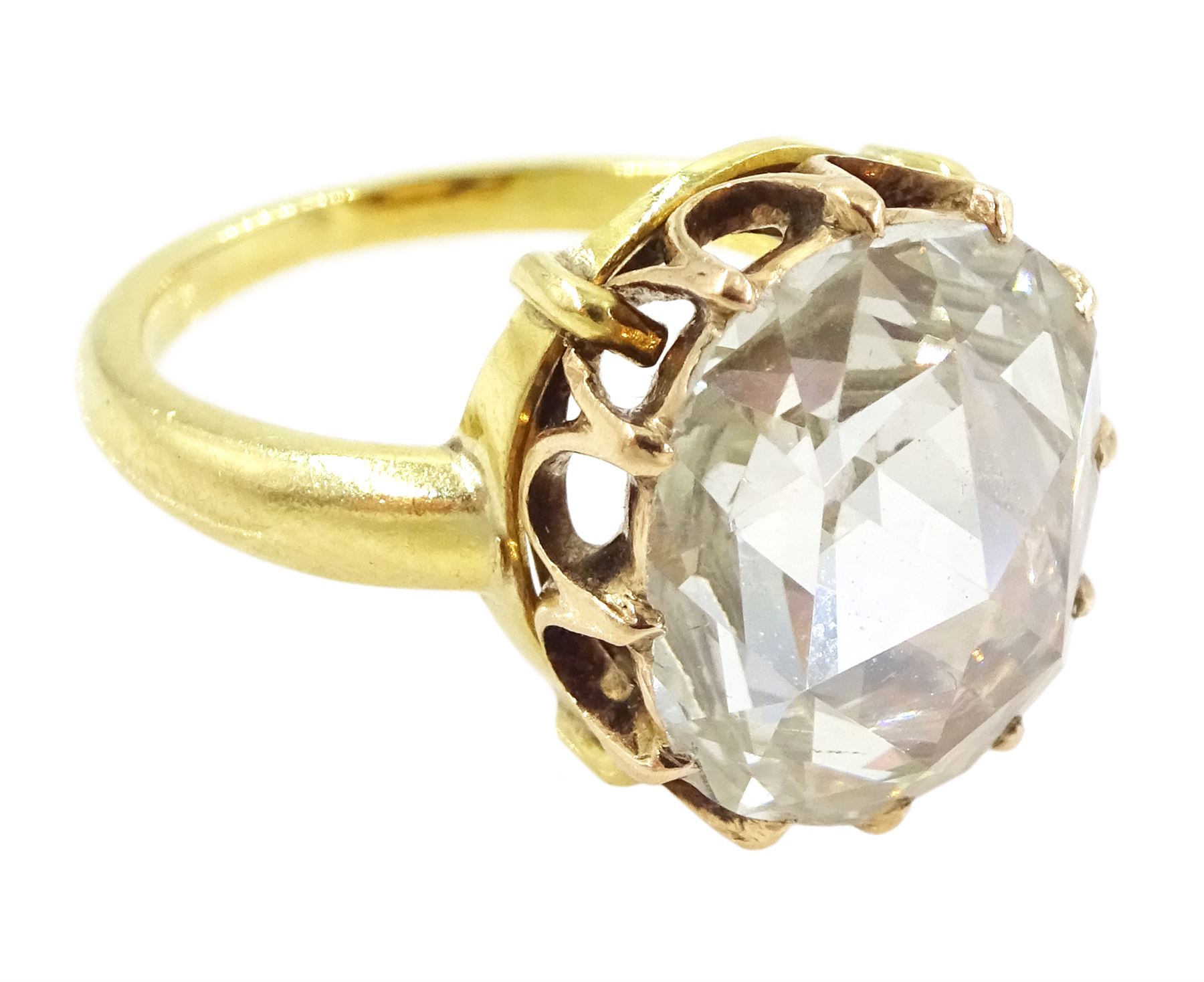 19th century 15ct gold single stone diamond ring, the backed oval rose cut diamond measuring approx 11.13mm x 9.69mm, in a twelve claw setting, in an 18ct gold shank