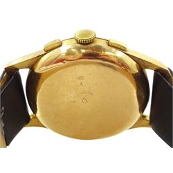 Chronographe Suisse gentleman's 18ct gold manual wind chronograph wristwatch, circa 1950, silvered dial with Roman numerals hour markers, subsidiary dials at 3 and 9 for seconds and 30 minute recording, stamped 18K 750 with Helvetia hallmark, on black leather strap