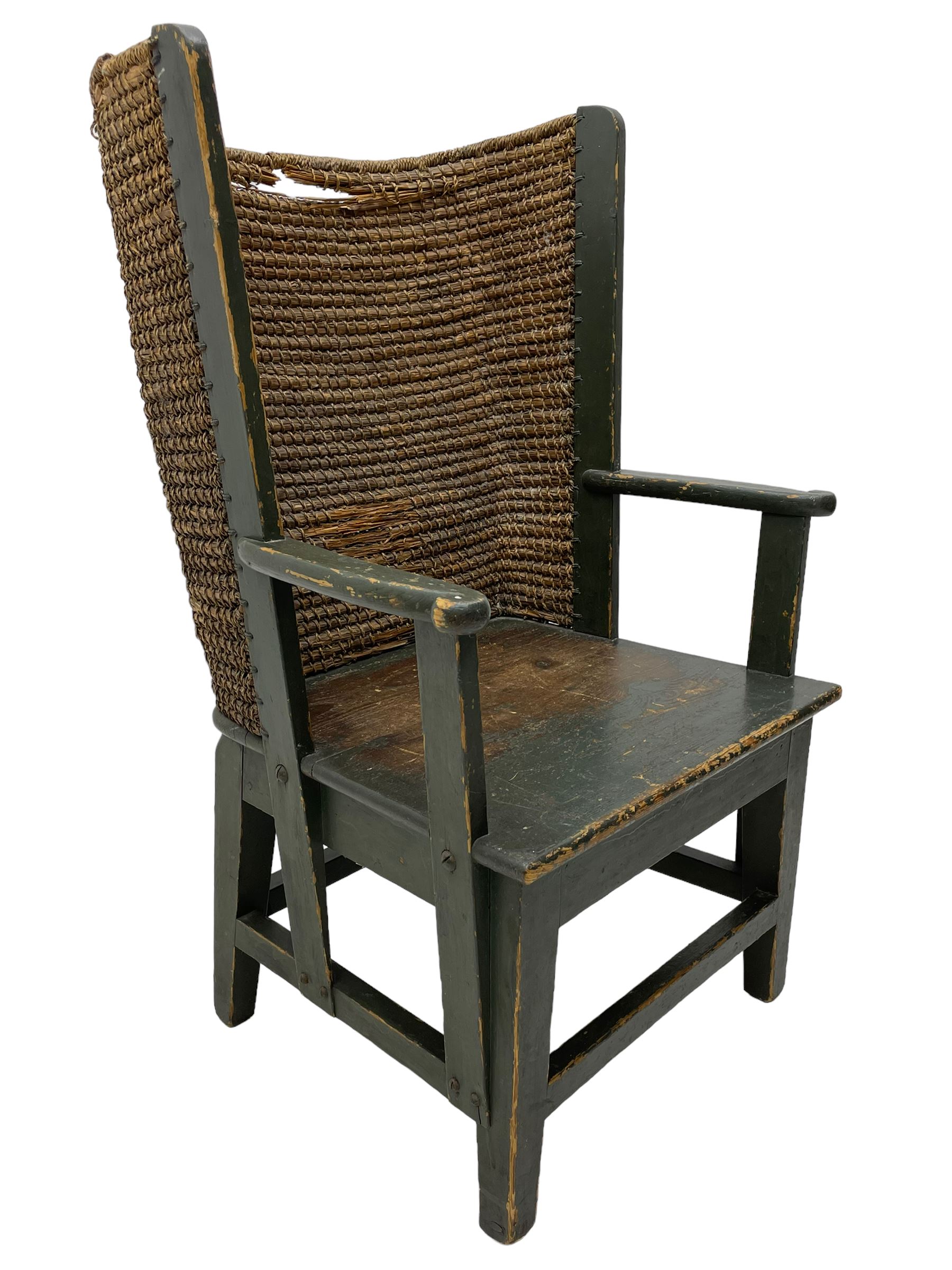 Late 19th to early 20th century Orkney chair, green painted pine frame and seat with curved rush back, square tapering supports joined by plain stretchers