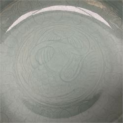 Agnete Hoy (1914-2000): Bullers studio pottery celadon glazed bowl, the interior with incised decoration depicting a Mermaid, D28.5cm