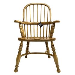 Batheaston of Harrogate - elm Windsor armchair, double hoop and stick back, turned supports joined by crinoline stretcher