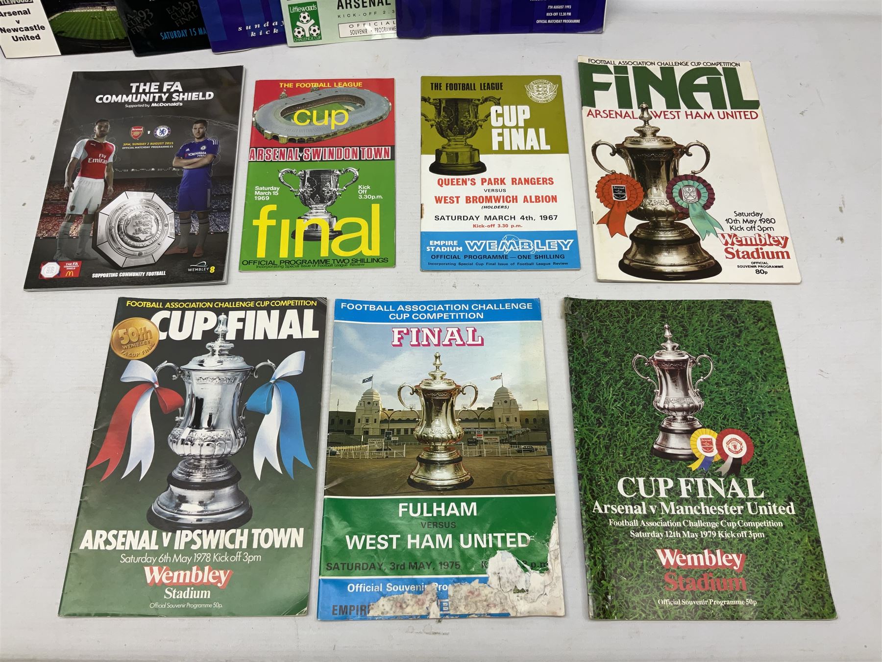Twelve F.A. Cup Final programmes at Wembley - 1961, 1963, 1964, 1966, 1968, 1969, 1975, 1978, 1979, 1980, 1993 & 1998; F.A. Cup Semi-Final programme 1991 Arsenal v Tottenham Hotspur; three League Cup Final programmes 1967/69/88; and two F.A. Charity/Community Shield programmes 1993/2015 (18)