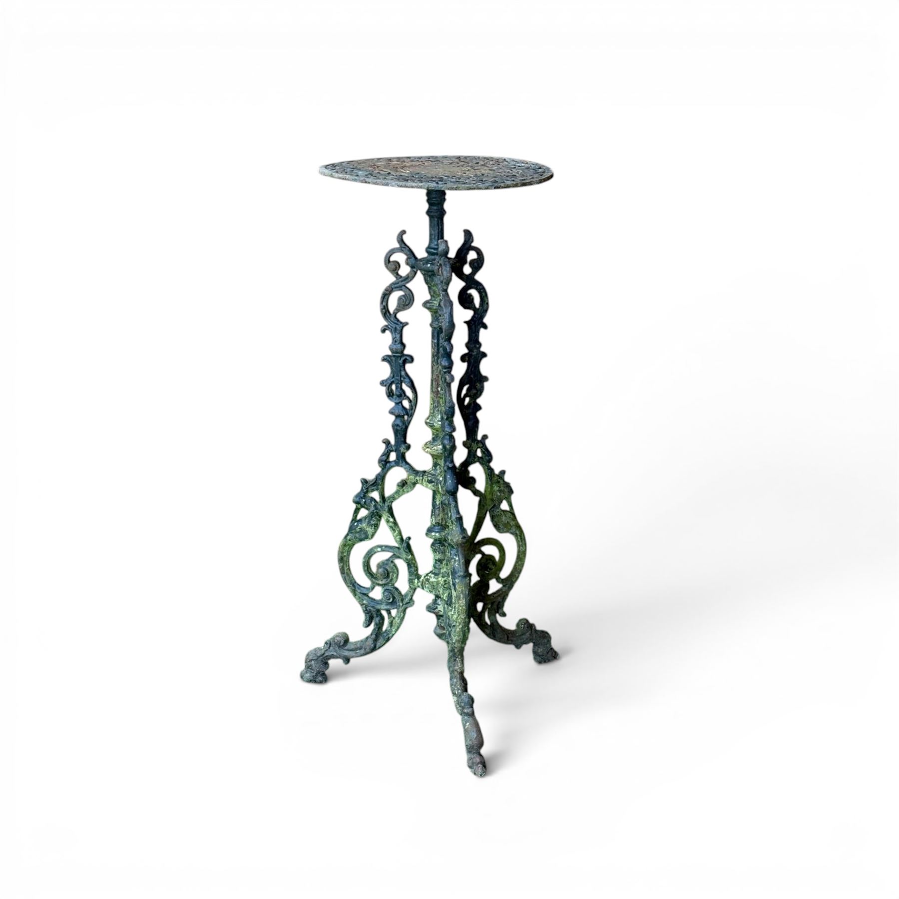 19th century ornate cast iron high garden drinks table, small circular pierced top, raised on three legged base