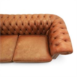 Springvale - Large three seat Chesterfield sofa, upholstered in buttoned tan leather, two cushion deep seat, turned bun feet