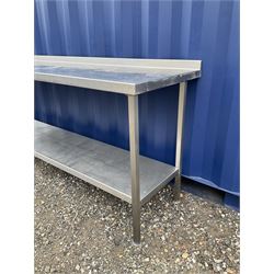 Large stainless steel preparation table, single tier, small raised back  - THIS LOT IS TO BE COLLECTED BY APPOINTMENT FROM DUGGLEBY STORAGE, GREAT HILL, EASTFIELD, SCARBOROUGH, YO11 3TX
