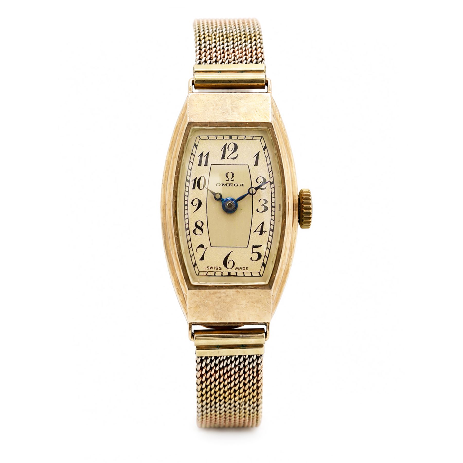 Omega early 20th century ladies 9ct rose gold manual wind wristwatch, silvered dial with Arabic hour markers, back case engraved with initials 'L.F', Edinburgh import mark 1931, on tri-coloured gold bracelet, with adjustable clasp, stamped 9ct