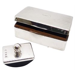20th century silver mounted cigarette box, the hinged cover with circular panel engraved with initials and engine turned surround, hallmarked Birmingham, date letter and makers mark worn and indistinct, W13.5cm, together with a modern silver mounted desk blotter, hallmarked Birmingham 1994, makers mark C C P, (2)