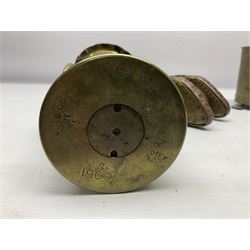 Trench Art - WWI 0-8-0 steam locomotive made from brass, copper and late Victorian pennies and half-pennies L17.5cm; WWI brass and copper tank candleholder; WWI brass shell case two-handled vase inscribed 'RFA France 1914-17'; and an unrelated brass plant holder (4)