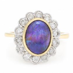 18ct gold black opal diamond cluster ring, single oval cabochon cut opal of 2.76 carat, su...