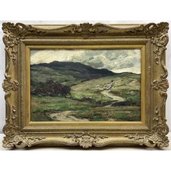 Owen Bowen (Staithes Group 1873-1967): 'Nightfall' - Driving the Flock, oil on panel signed 28cm x 42cm 
Provenance: private collection, purchased 'A Passion for Paintings - The Yorkshire Collection of Claire & Bert Rendall', Pannett Art Gallery, Whitby 2013. Herbert Rendall (1927-2007) was a prodigious collector of Yorkshire artists.