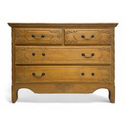 French design hardwood chest, rectangular top with moulded edge over two short and two long drawers with carved scrolling foliate decoration, flanked by carved acanthus leaf columns, on bracket supports