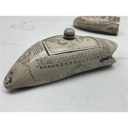20th century resin carvings in the style of scrimshaws the first example depicting Ship Mercury, the other with a removable top, tallest example H10.5cm
