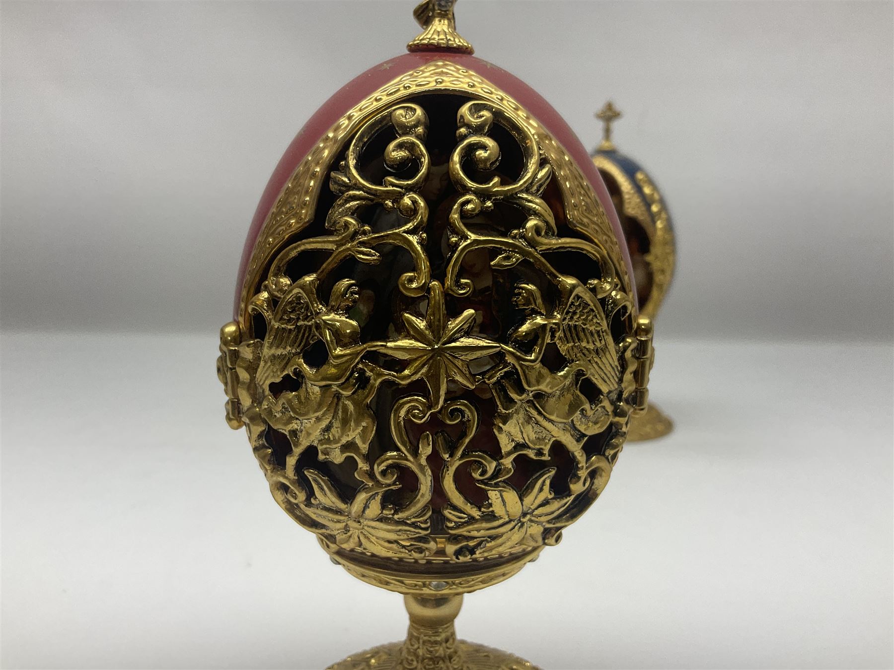 Franklin Mint House of Faberge three collectors eggs, comprising Madonna and Child, The Shepherds Gift and Glorious Adoration 