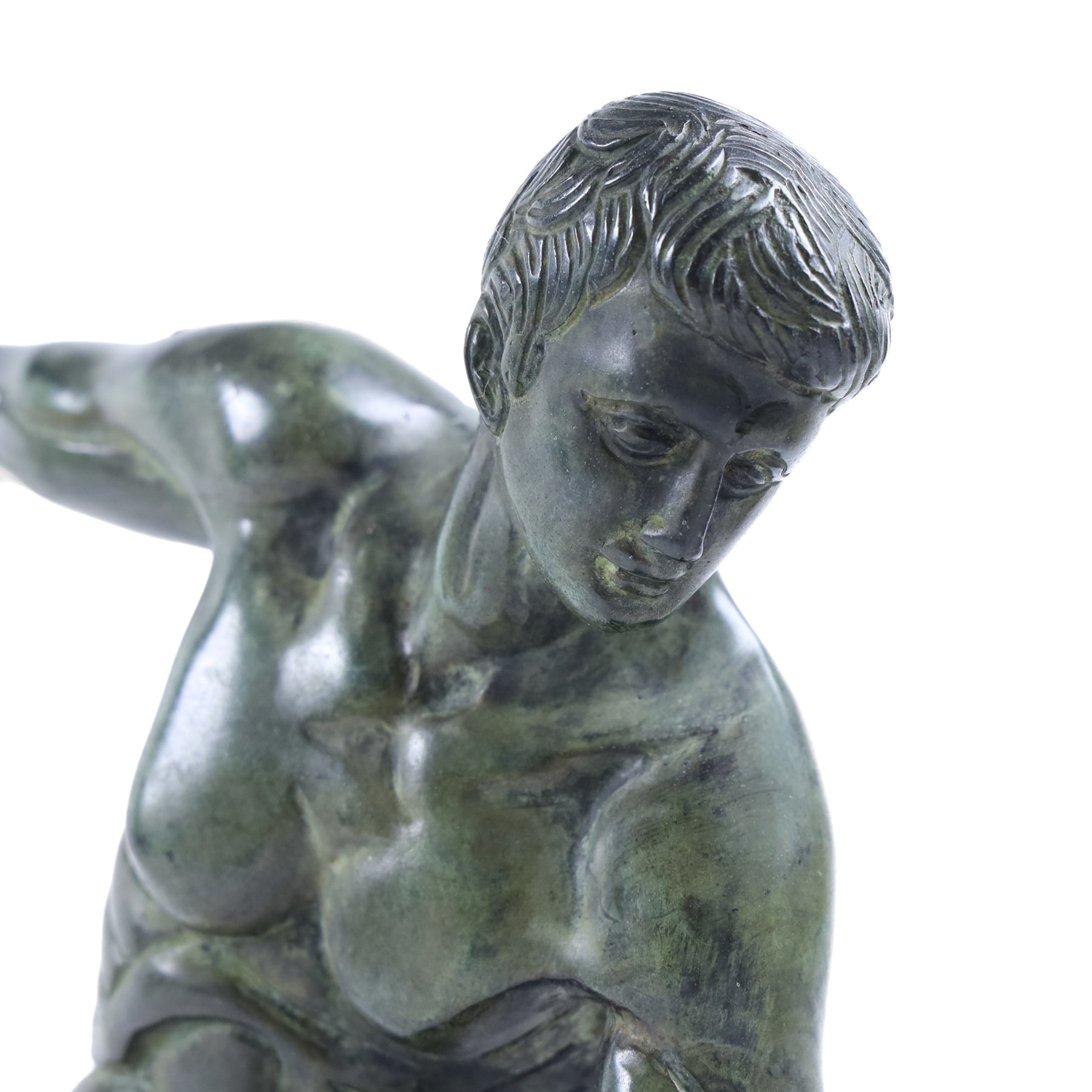Patinated bronze Discobolus figure upon a rectangular base, H36cm 