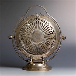 Indian silver folding cake stand, of circular form with pierced decoration, loop handle an...