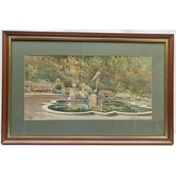 Kathleen Kitchin (British c.1876-1946): 'Brilliant Sunshine' - Italian Gardens Scarborough, watercolour signed, titled and dated 1921 verso 22cm x 44cm 
Notes: Kathleen was born in Leeds, the daughter of Matthew Kitchin, a tanner and leather manufacturer, and moved to Scarborough some time before 1921. She exhibited at the Royal Academy and the Royal Cambrian Academy, and died at 44 Stepney Drive Scarborough on the 11th June 1946.