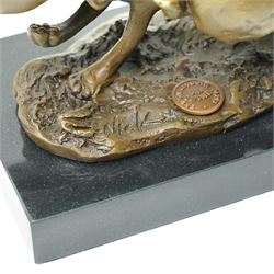 Bronze figure group, modelled as two hares in chase, after 'Nick', with foundry mark, upon a rectangular base, H11cm L15cm