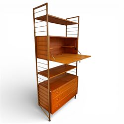 Staples - 'Ladderax' wall mounted modular teak unit, comprising two shelves, a fall front cabinet above three drawer unit below, supported on metal ladder frames 