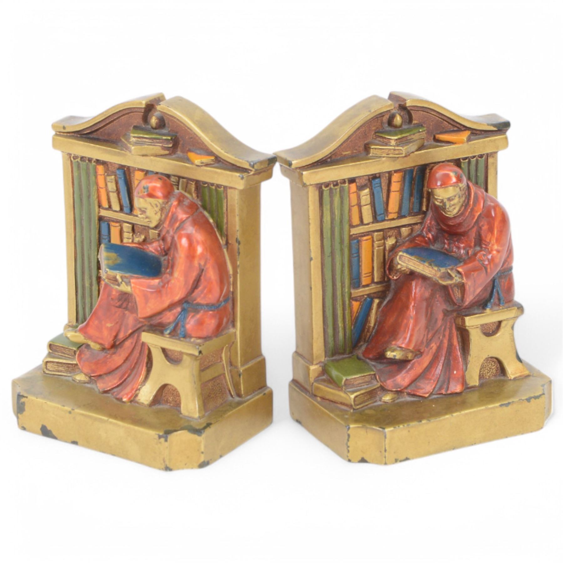 Pair of L. V. Aronson bookends, modelled as seated monks, H16cm