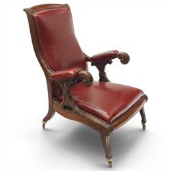 William IV mahogany high-back library reading armchair, arched cresting rail with moulded ...